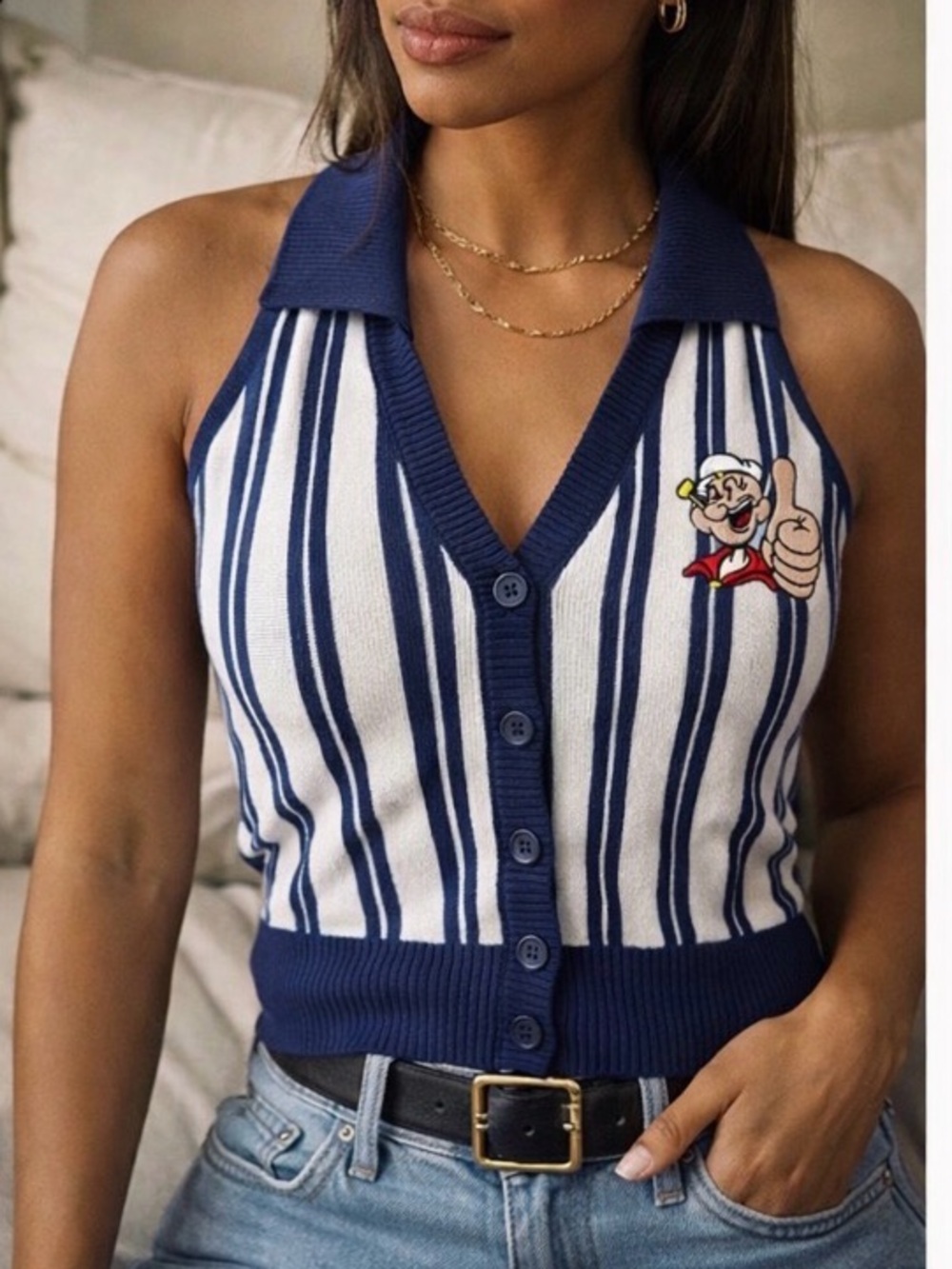 Popeye x Unique Vintage Blue/White Striped Halter Top ⚓️ | Rare Collab | Size M